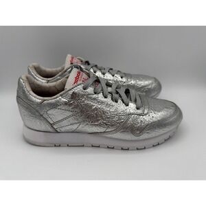 Reebok Classic Silver Metallic Crackle Leather Sneakers Shoes